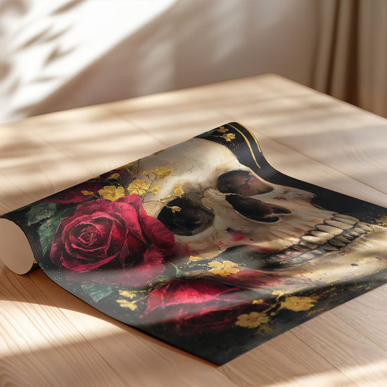 Poster Vanité moderne - Crâne roses écarlates et éclats dorés — Vierge - poster-enroullé