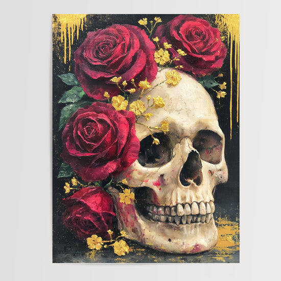 Poster Vanité moderne - Crâne roses écarlates et éclats dorés — Vierge - poster-presentation-produit