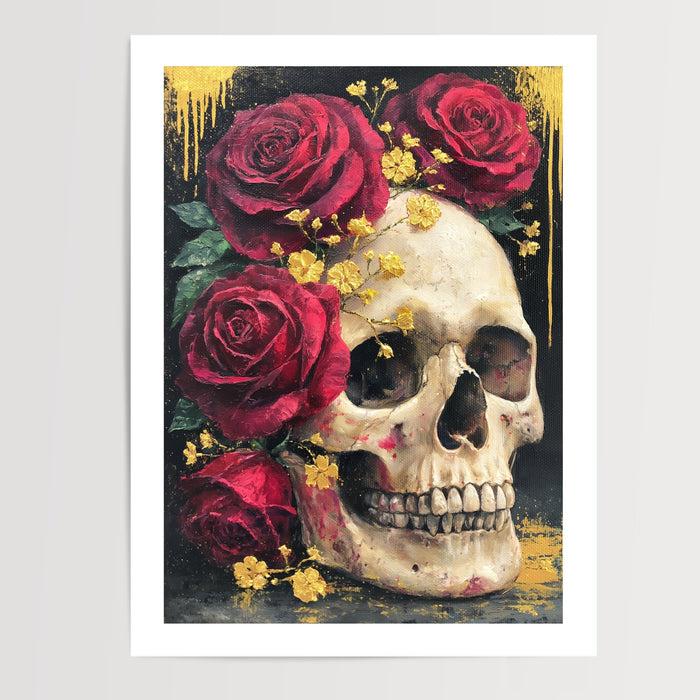Poster Vanité moderne - Crâne roses écarlates et éclats dorés — Vierge - poster-presentation-produit — passe-partout blanc