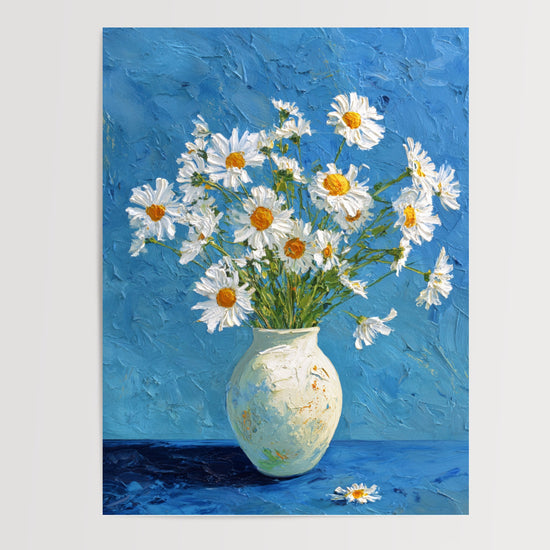 Poster Vase et marguerites - Un bouquet de lumière sur fond bleu — Vierge - poster-presentation-produit