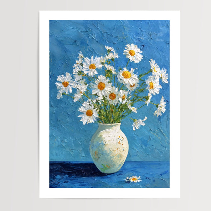 Poster Vase et marguerites - Un bouquet de lumière sur fond bleu — Vierge - poster-presentation-produit — passe-partout blanc