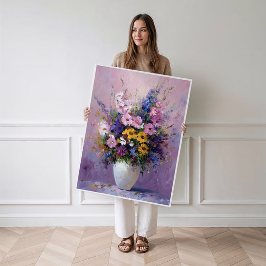 Poster Vase floral - Bouquet éclatant peint au couteau — Vierge - poster-femme-debout
