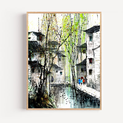 Poster Village japonais - Saule pleureur et douceur au bord de l'eau
