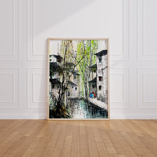 Poster Village japonais - Saule pleureur et douceur au bord de l'eau — Vierge - living-room