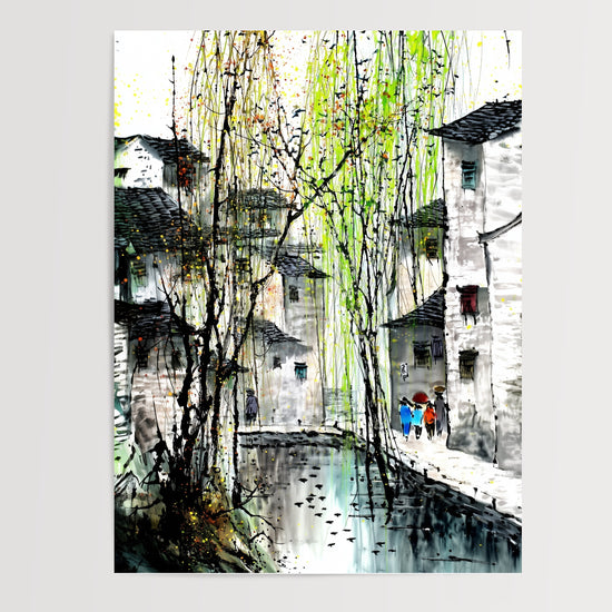 Poster Village japonais - Saule pleureur et douceur au bord de l'eau — Vierge - poster-presentation-produit