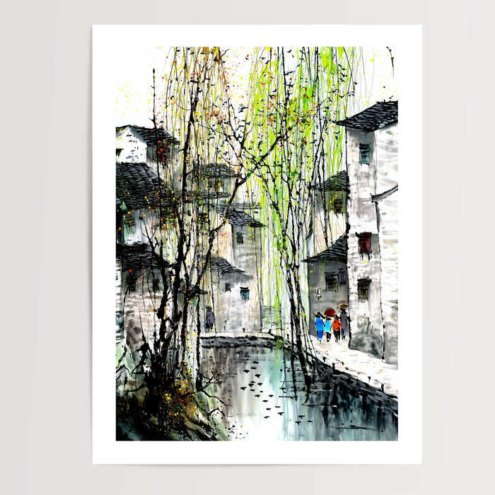 Poster Village japonais - Saule pleureur et douceur au bord de l'eau — Vierge - poster-presentation-produit — passe-partout blanc
