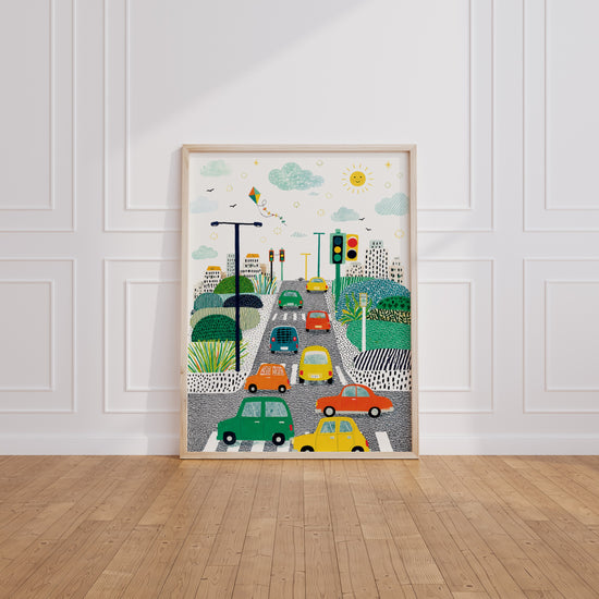 Poster Ville colorée - Petites voitures et routes joyeuses pour lui — Vierge - living-room