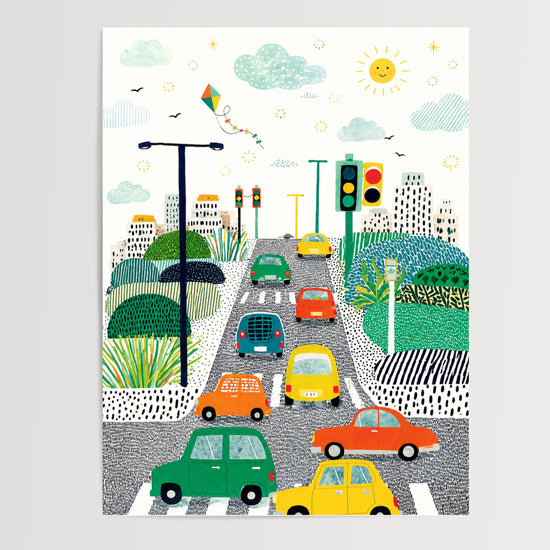 Poster Ville colorée - Petites voitures et routes joyeuses pour lui — Vierge - poster-presentation-produit