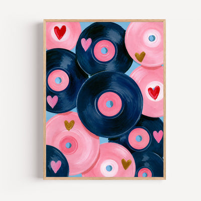 Poster Vinyles romantiques - Rose, bleu et cœurs dorés qui font vibrer