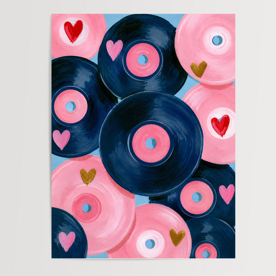 Poster Vinyles romantiques - Rose, bleu et cœurs dorés qui font vibrer — Vierge - poster-presentation-produit