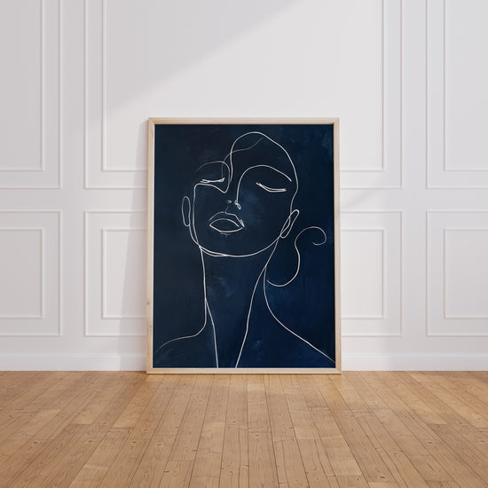 Poster Visage féminin - Trait blanc épuré sur bleu nuit — Vierge - living-room