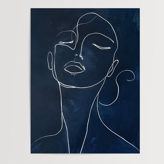 Poster Visage féminin - Trait blanc épuré sur bleu nuit — Vierge - poster-presentation-produit