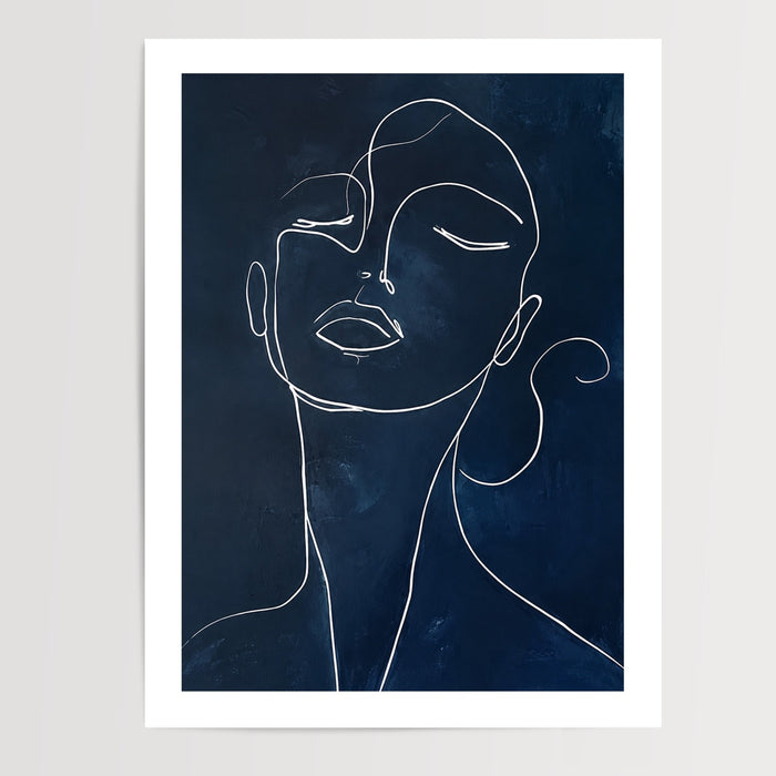 Poster Visage féminin - Trait blanc épuré sur bleu nuit — Vierge - poster-presentation-produit — passe-partout blanc