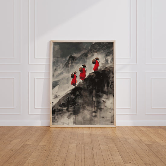 Poster Voyageurs en rouge - Montagne zen dans la brume — Vierge - living-room