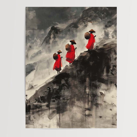 Poster Voyageurs en rouge - Montagne zen dans la brume — Vierge - poster-presentation-produit