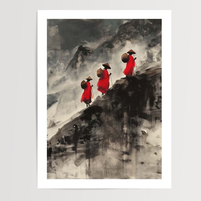 Poster Voyageurs en rouge - Montagne zen dans la brume — Vierge - poster-presentation-produit — passe-partout blanc
