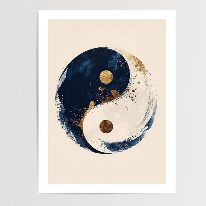 Poster Yin Yang bleu et or - Souffle d'équilibre et de sérénité — Vierge - poster-presentation-produit — passe-partout blanc