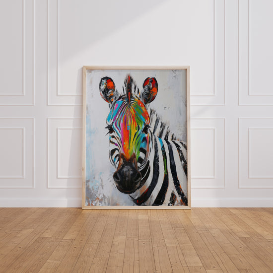 Poster Zèbre arc-en-ciel - Rayures multicolores pleines d'énergie — Vierge - living-room