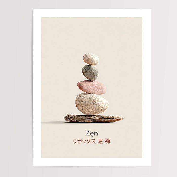Poster Zen japonais - Galets en équilibre et souffle apaisant — Vierge - poster-presentation-produit — passe-partout blanc