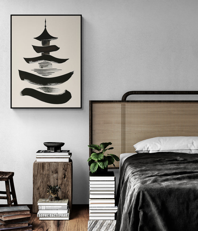 Poster encadrer encre de chine dans une chambre en bois 