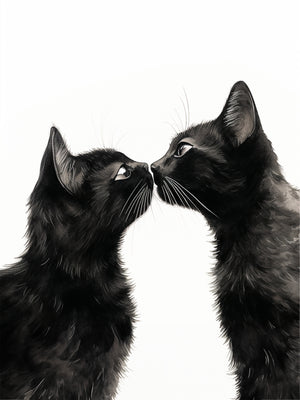 Two black cats facing each other, their noses almost touching, in an intimate and emotional black and white drawing.