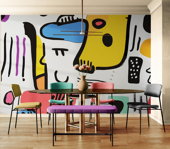 une salle à manger moderne, décorée avec une tapisserie aux motifs abstraits et colorés, qui apporte une touche artistique et énergique à l'espace.