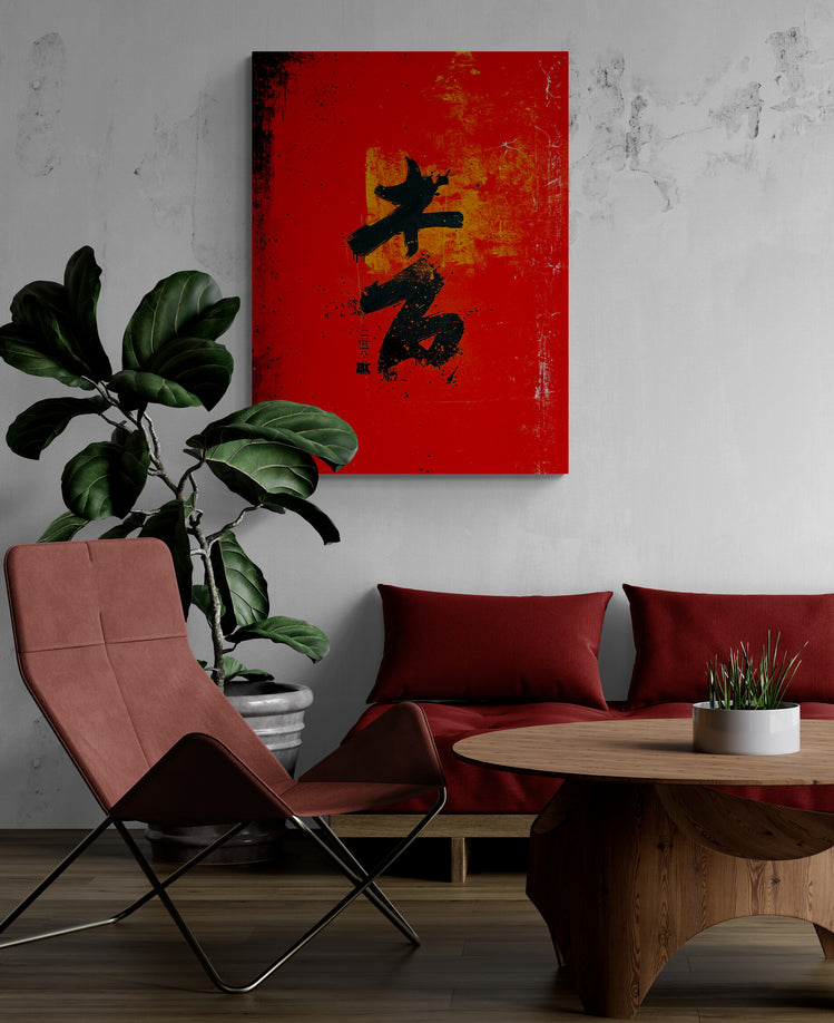 Salon contemporain avec tableau mural rouge asiatique.