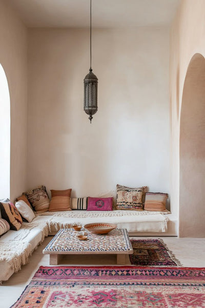 Salon marocain moderne et minimaliste avec banquette basse en lin écru, coussins berbères aux motifs ethniques, table basse carrée recouverte d’un tapis, et tapis traditionnel rose à motifs. Une suspension orientale en métal complète cette ambiance apaisante aux tons naturels et artisanaux.