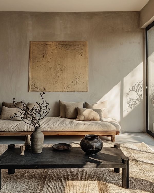 a zen and minimalist living room filled with natural light. The raw-finish beige wall features a large textured wall hanging with organic patterns. A low light wood sofa, accented with beige cushions, enhances the feeling of comfort and simplicity. In front, a black stone or matte metal coffee table elegantly contrasts with the woven rug on the floor. Artisan decorative objects (vases, pottery) are carefully arranged, and a bare branch adds a refined natural touch