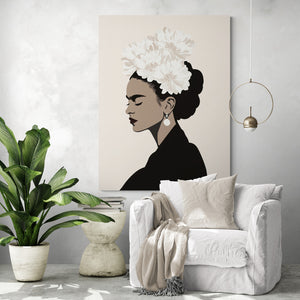 An elegant canvas depicting Frida Kahlo in a minimalist graphic style. Placed in a cozy nook, it adds an artistic and warm dimension to the space, harmonizing perfectly with soft tones and natural materials.
