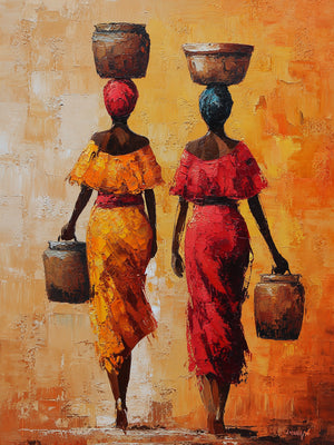 Scène africaine colorée avec deux femmes portant des pots, style impressionniste vibrant