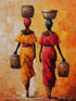 Scène africaine colorée avec deux femmes portant des pots, style impressionniste vibrant