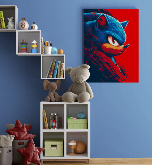 Toile Sonic, jeu vidéo, enfant, étagères, livres, jouets, peluches, mur bleu.