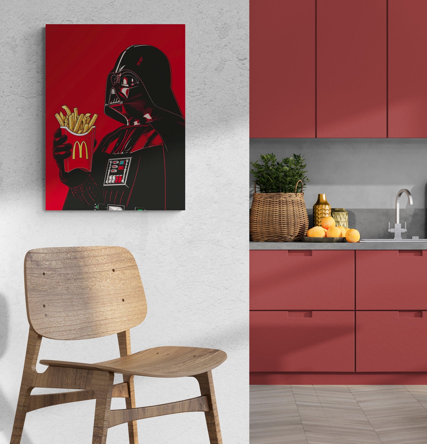Tableau de style Star Wars pop art suspendu au-dessus d'un comptoir de cuisine rouge.