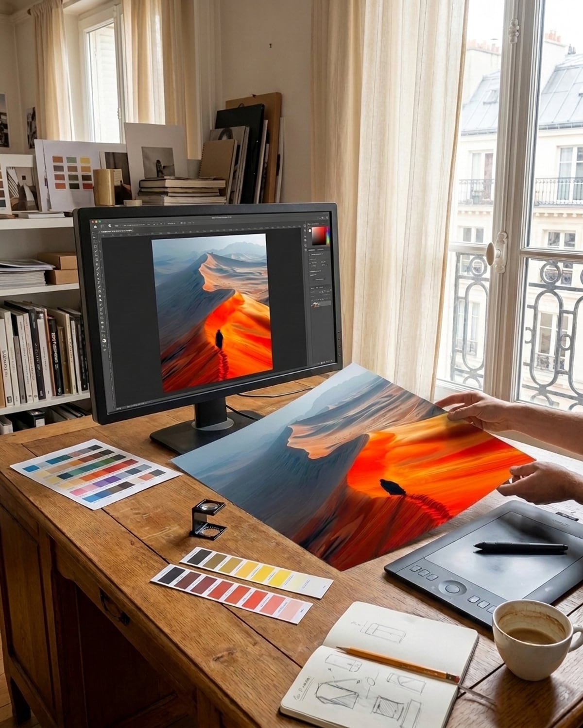 Direction artistique MyselfMonArt — contrôle des couleurs d'un tableau entre l'écran de retouche et l'épreuve imprimée bord à bord, au studio
