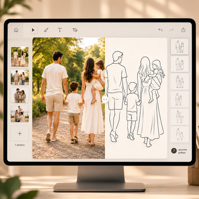 Sur un écran, la photo de famille se transforme en dessin au trait, composée par le studio MyselfMonArt