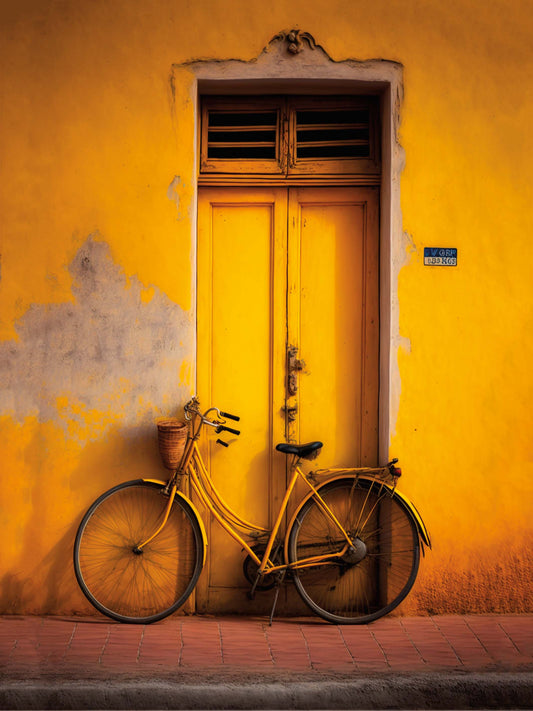 photo art vieux vélo jaune, décoration unique.