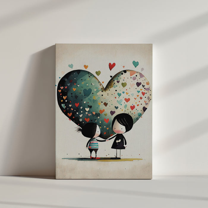 Two sisters holding hands with hearts wall art print