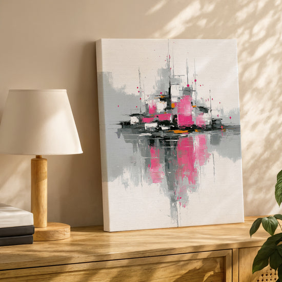 Modern geometric abstract art print in pink, gray, and orange