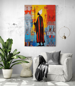 Painting of an African Sufi adding a splash of color above a white armchair in a modern living room.