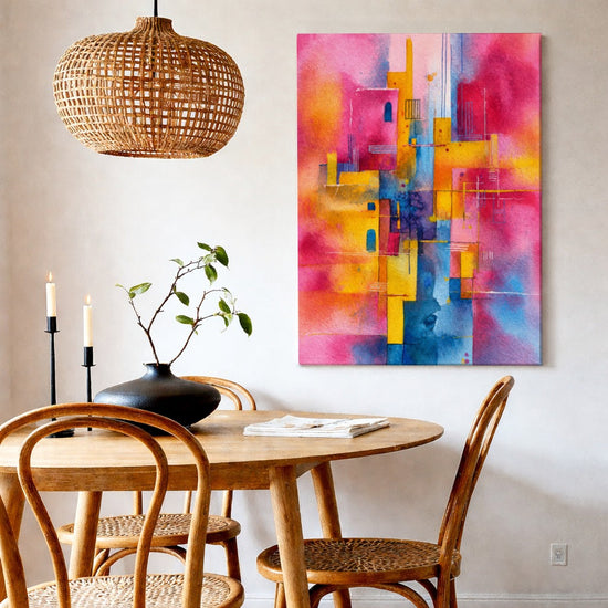 Tableau abstrait aquarelle rose jaune bleu formes géométriques pour décoration salon moderne