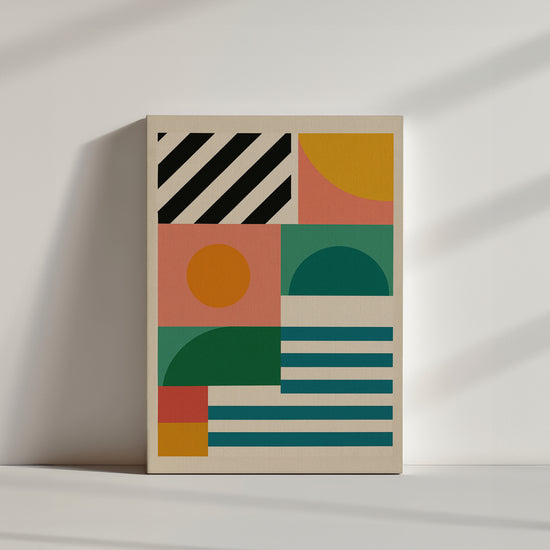 Abstract Bauhaus wall art print with green, yellow, and terracotta circles, half‑circles, and striped geometric patterns, mid‑century modern style