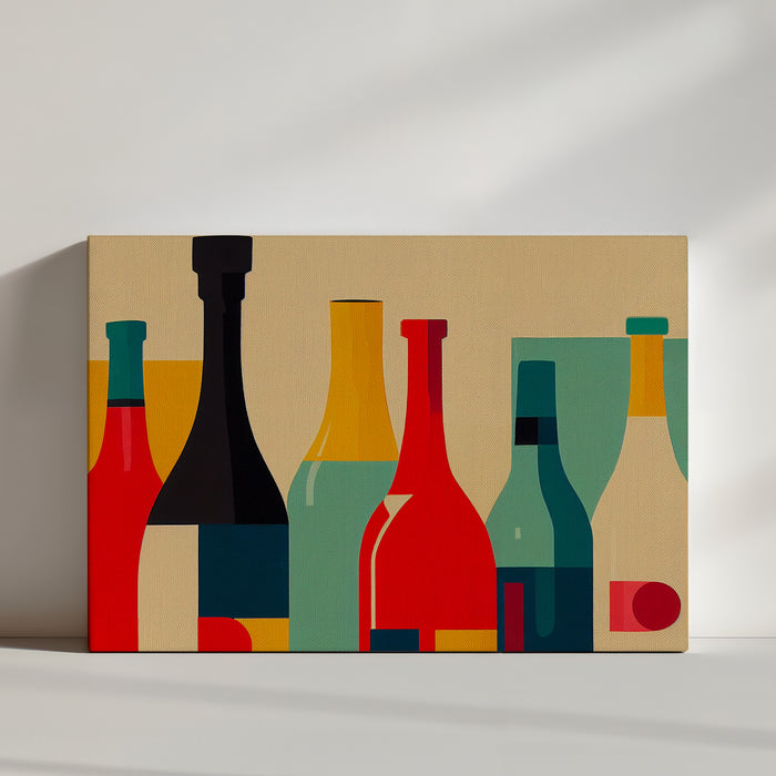 Abstract wall art with geometric bottle shapes on a beige background