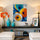 Tableau abstrait cercles concentriques bleu turquoise orange pour salon minimaliste moderne