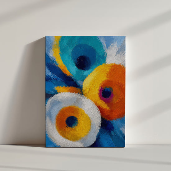 Tableau abstrait cercles concentriques bleu turquoise orange texture épaisse dans ambiance minimaliste épurée