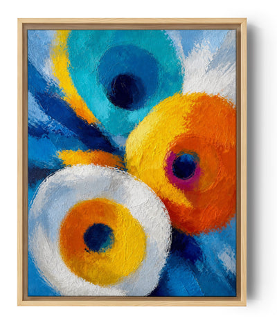 Colorful concentric circles abstract art in turquoise blue, orange and yellow with heavy texture