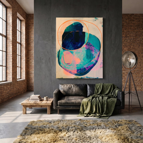 Tableau abstrait cercles orange turquoise bleu violet décoration murale moderne salon contemporain