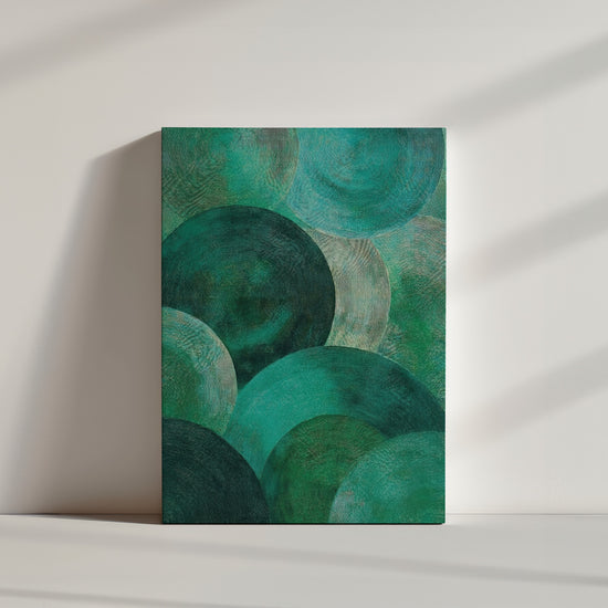 Minimalist abstract circles in emerald and aqua, textured modern painting for clean interiors