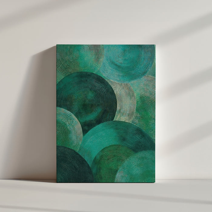 Minimalist abstract circles in emerald and aqua, textured modern painting for clean interiors