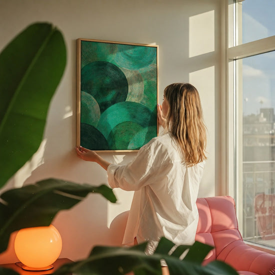 Emerald–turquoise abstract circle canvas hanging in a colorful living room, contemporary wall art